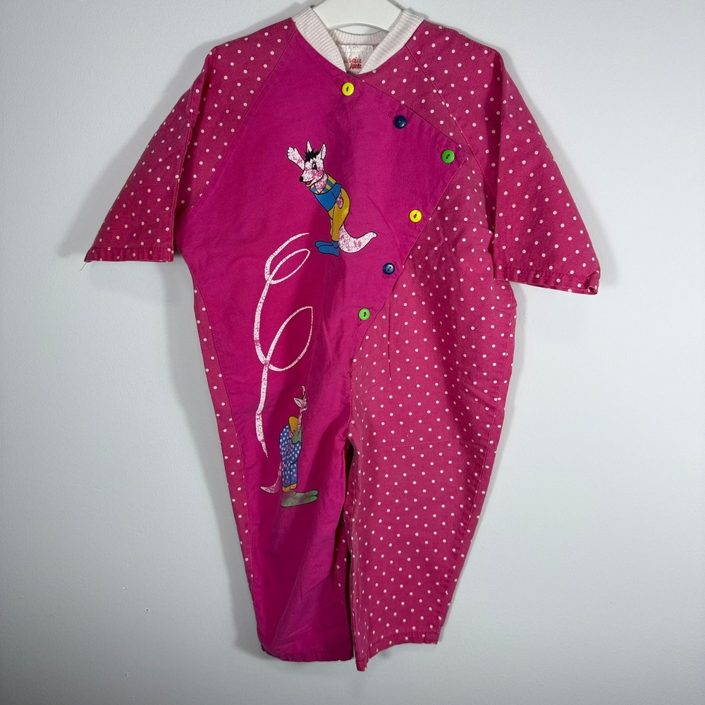 Vintage Kinda Kutz Pink Polka Dot Kangaroo Romper 18 Months Made in Canada 1921